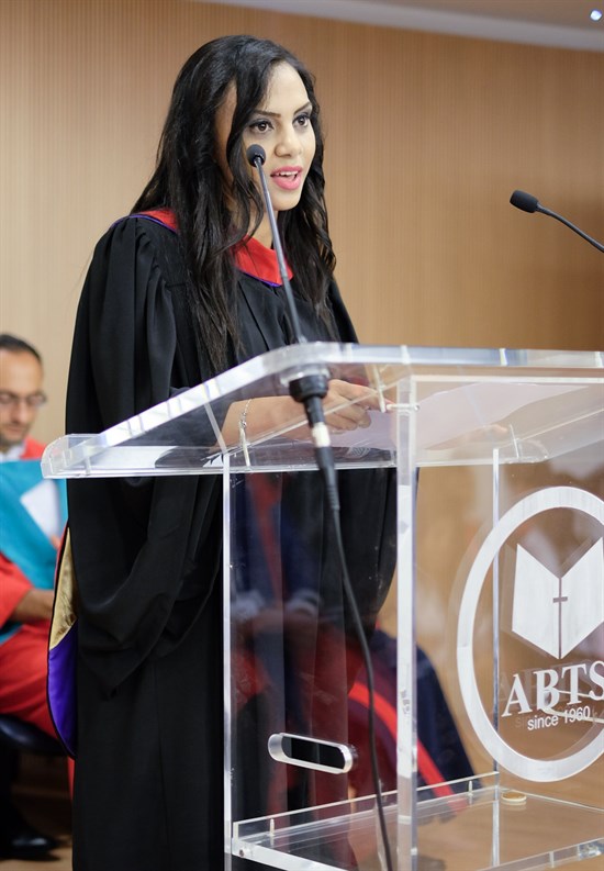 Magi was chosen to speak at graduation. Described by other students as intelligent, diligent, and a peacemaker, she exhorted her fellow graduates to remember that they are called to be co-workers with God in the ministries to which they embark. (Photo: Wissam al-Saliby)